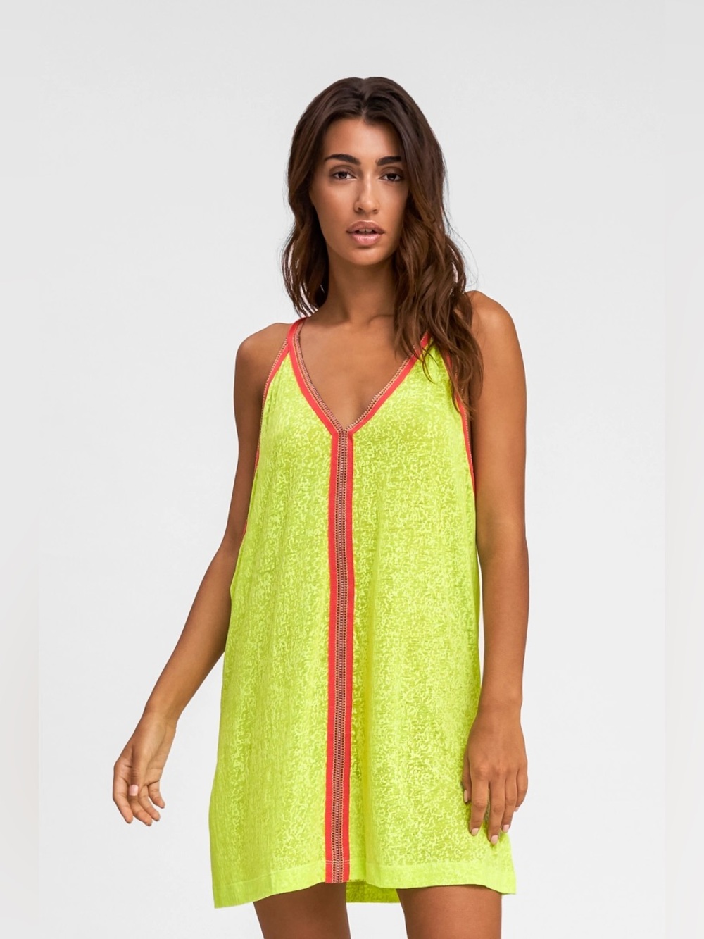 Pitusa Neon Lime V-Neck Swim Cover-Up with Coral Trim